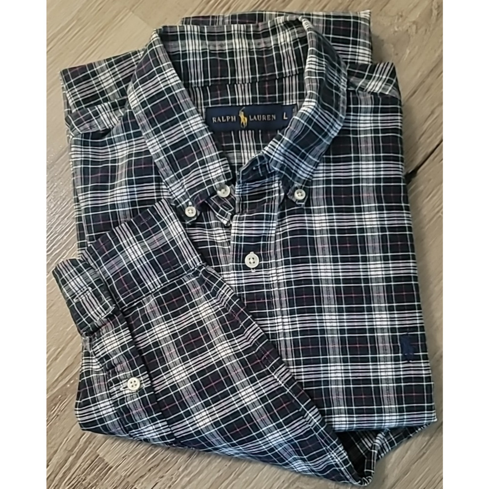 Ralph Lauren Mens Large Long Sleeve Button Up Plaid Shirt 100% Cotton Midweight